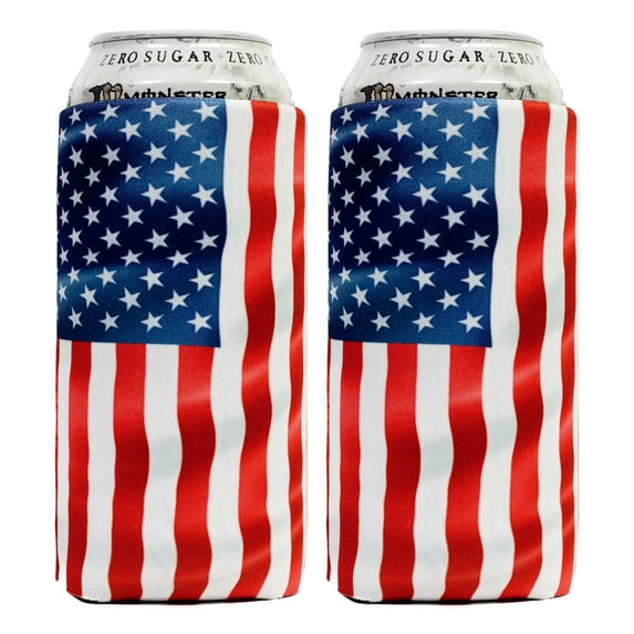 QualityPerfection 16 oz Can Cooler Sleeves ( 2 Unit ) 4mm Neoprene Blank Beer Drink Coolies, Thermocoolers 16 ounce Tall Boy (2, USA Waving Flag )