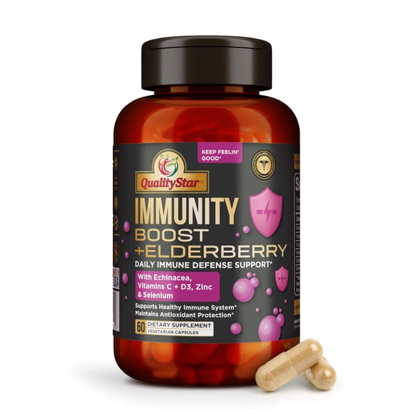 QualityStar Immunity Boost + Elderberry Supplements, Echinacea, Zinc, Vitamins C & D3 - Daily Boost Immunity Defense & Antioxidant Protection, 60 Vegetarian Capsules - QualityStar