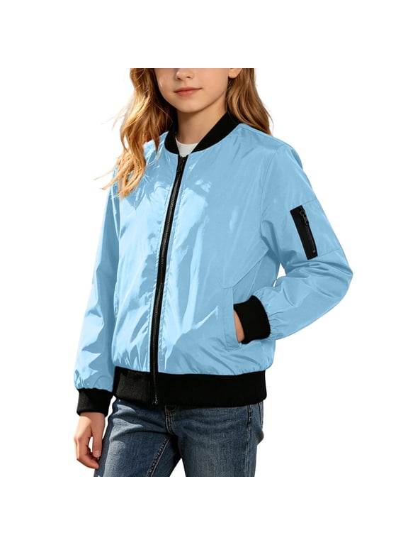 Boys Girls Bomber Jacket, Lightweight Windbreaker Zip Up Windproof Water Resistant Long Sleeve with Pockets for Spring Fall Outdoor