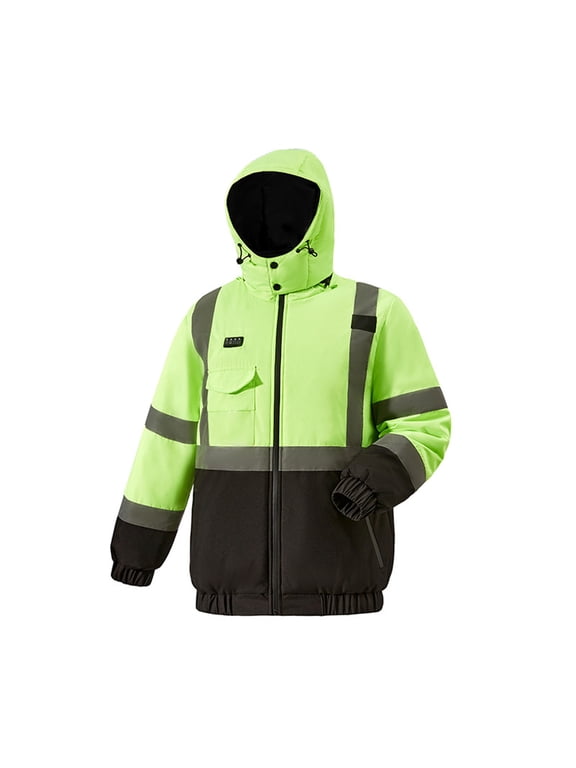 Heated Hi Vis Work Jacket for Men, 4 Control 29 Zone USB Charging, Reflective Hooded Zip Up Winter Coat, Waterproof Color Block Safety Outerwear, Construction Outdoor Gear