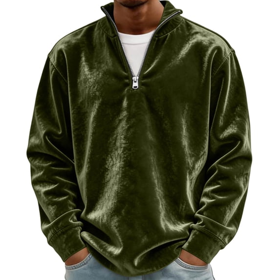 Qualvora Mens Velour Quarter Zip Pullover, Long Sleeve Stand Collar Sweatshirt with Metal Zipper, Loose Fit Solid Color Top, Fall Winter Party Night Out Wear for Men