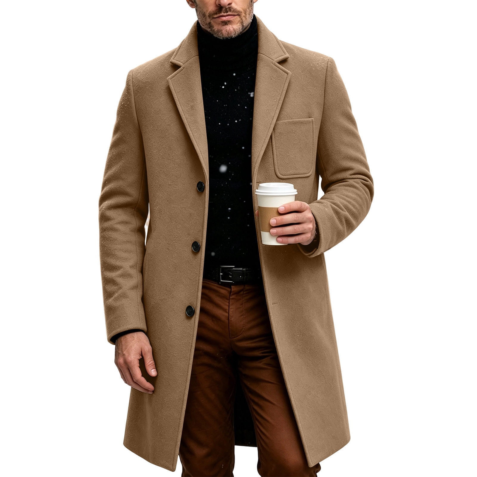 Qualvora Mens Wool Coat, Single Breasted Notch Lapel Long Sleeve Button ...