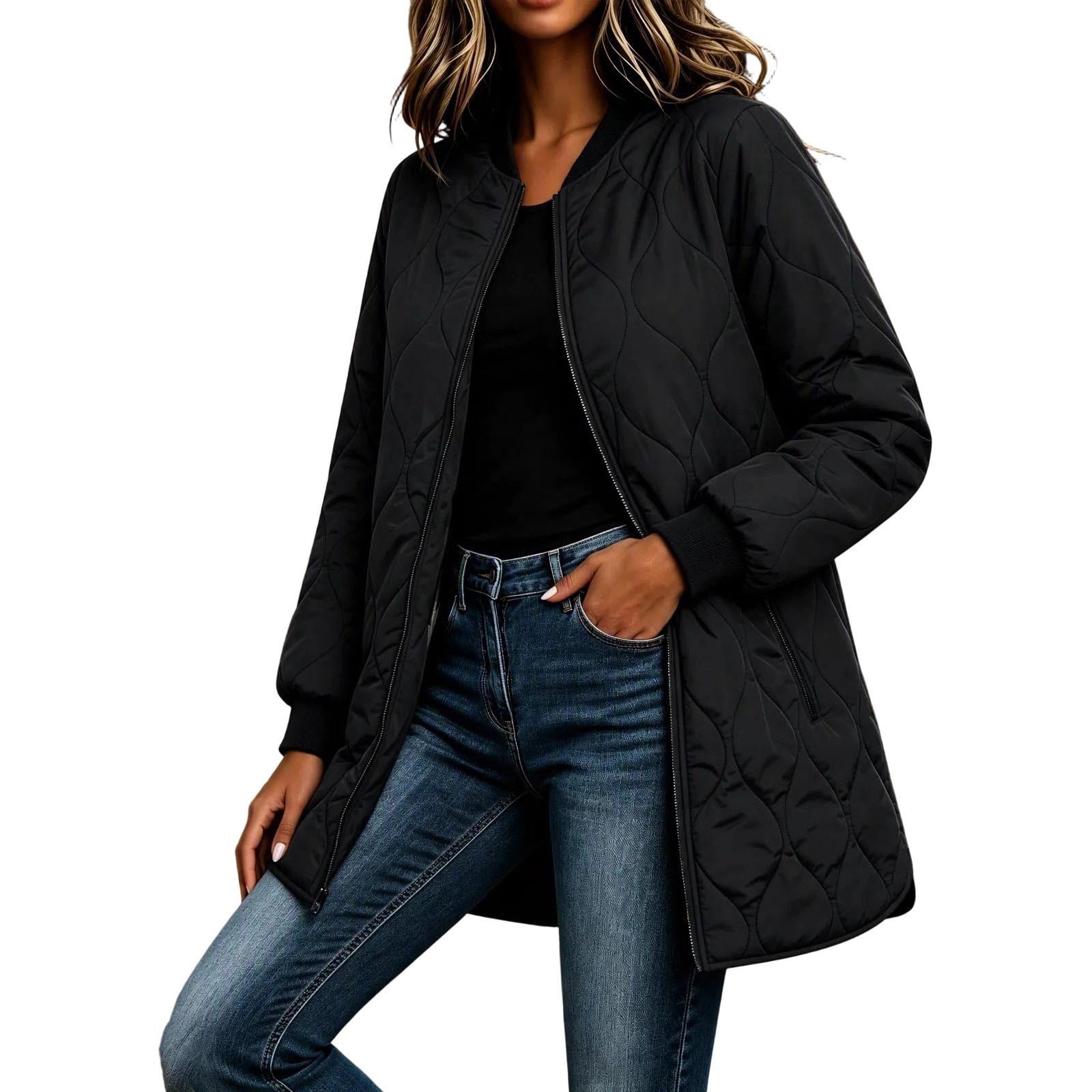 Long Line Riding Jacket Qualvora Quilted Jacket Women Longline Liner Coat Zip Up Crew Neck ...