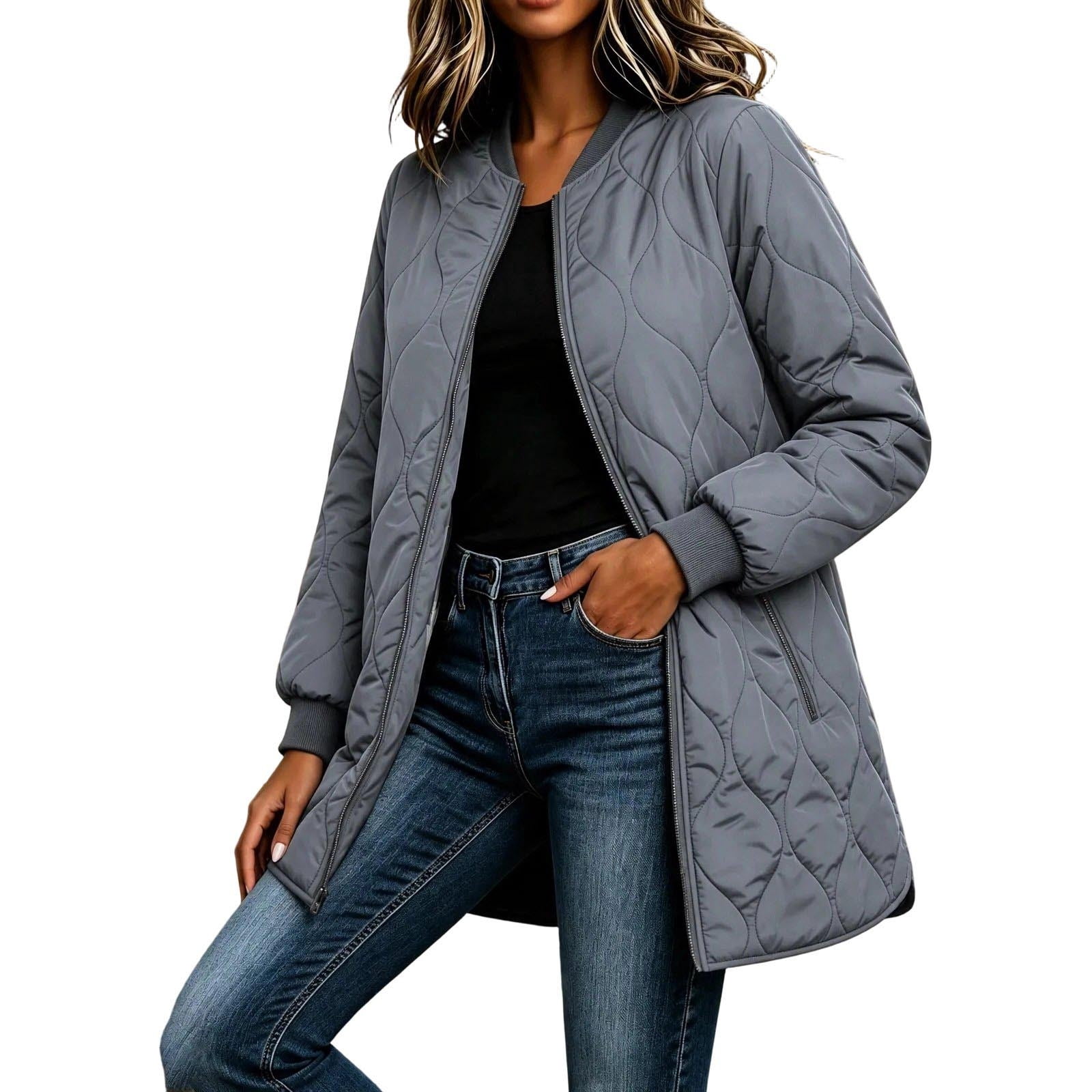 Long Line Riding Jacket Qualvora Quilted Jacket Women Longline Liner Coat Zip Up Crew Neck ...