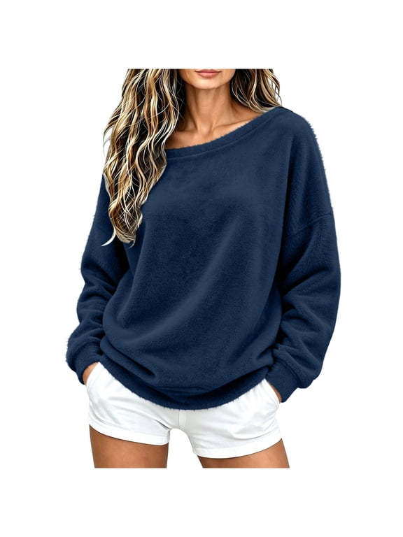 Women Fuzzy Off Shoulder Top, Plush Long Sleeve Pullover Sweater, Oversized Cozy Casual Loose Fit, Fall Winter Fluffy Knit Top for Everyday Wear, Ladies