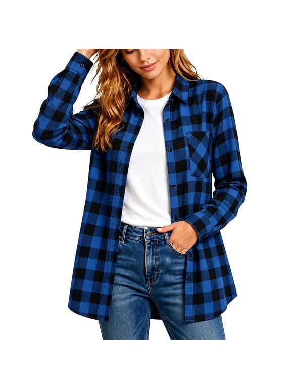 Women Plaid Flannel Shirt, Button Down Long Sleeve Collared Blouse with Chest Pocket, Buffalo Check Loose Fit Shacket, Casual Fall Winter Western Top for Work Everyday Wear