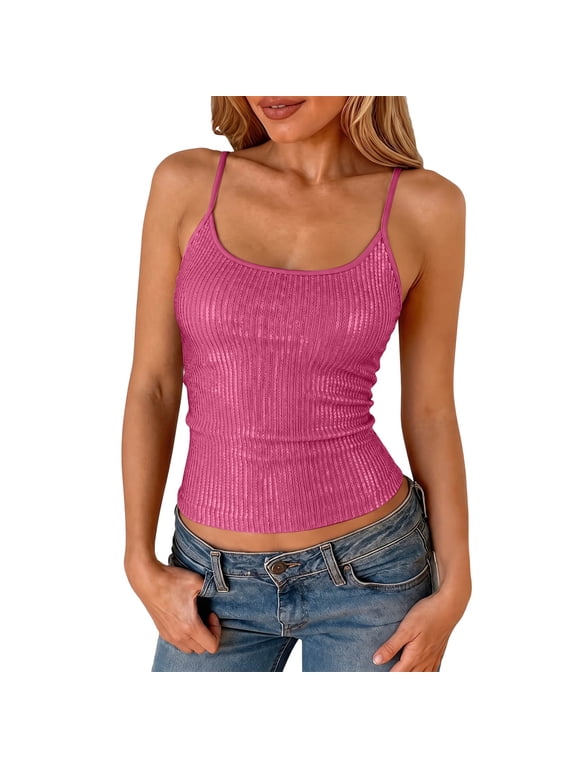 Women Sequin Tank Top, Sparkly Ribbed Cami with Adjustable Straps, Neck Sleeveless Glitter Blouse, Party Club Evening Dressy Top for Going Out Layering