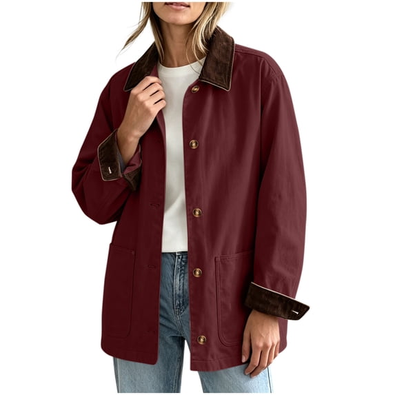 Qualvora Women's Barn Jacket, Corduroy Collar Button Front Utility Coat, Long Sleeve Patch Pockets Solid Color, Fall Winter Casual Workwear Everyday Wear, Women's Trendy