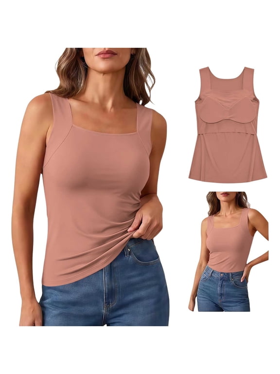 Women's Built in Bra Tank Top, Square Neck Wide Strap Seamless Cami, Padded Sleeveless Shaping Top, No Bra Needed Basic Layer, Soft Comfy Everyday Wear