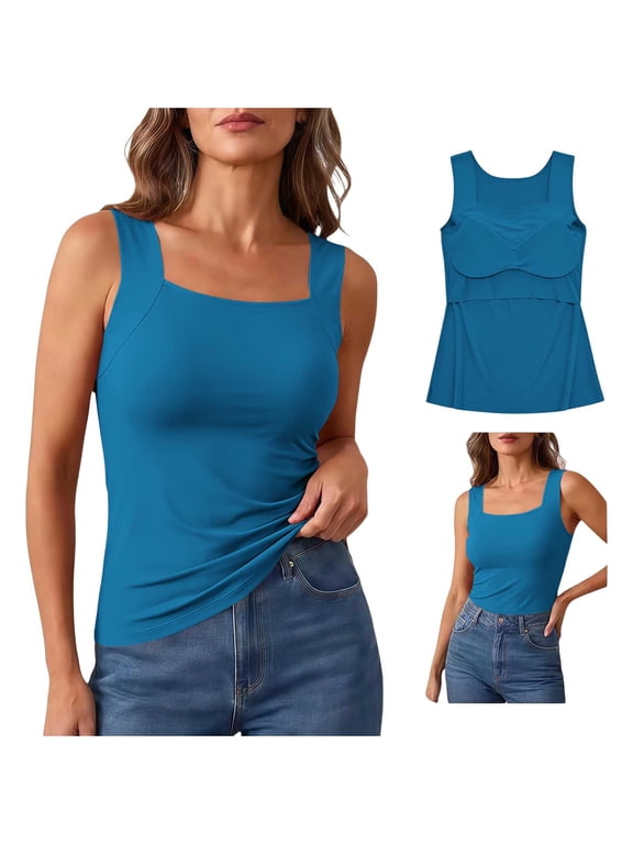 Women's Built in Bra Tank Top, Square Neck Wide Strap Seamless Cami, Padded Sleeveless Shaping Top, No Bra Needed Basic Layer, Soft Comfy Everyday Wear