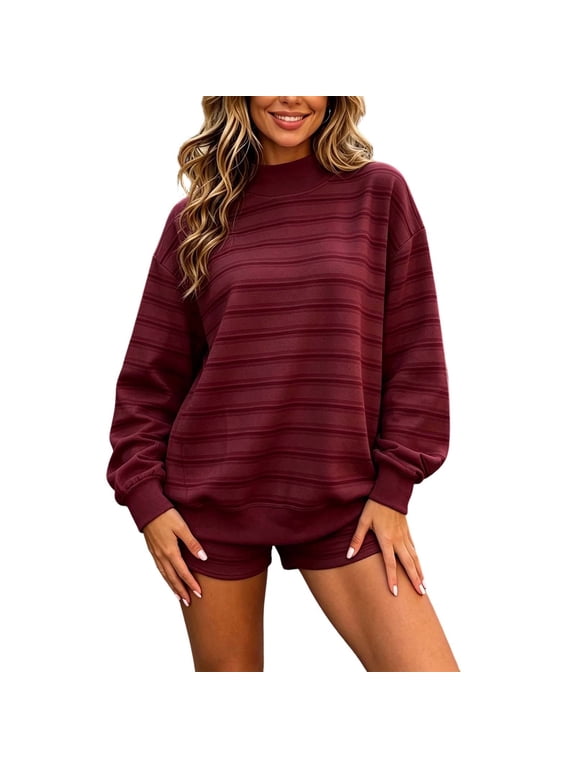 Women's Striped Set Mock Neck Long Sleeve Pullover and Elastic Waist Shorts 2 Piece Matching Outfit with Pockets Casual Cozy Fall Spring Travel Vacation