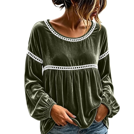 Velvet Collapse Qualvora Women's Velvet Lace Trim Blouse, Long Sleeve Crew Neck doll ...