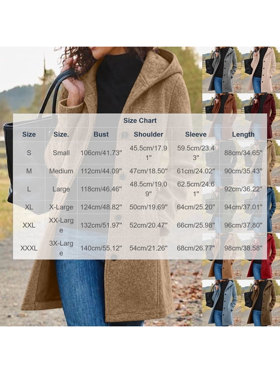 Women's Wool Coat, Hooded Mid Length Peacoat, Button Down Long Sleeve with Pockets, Solid Color Warm Winter Outerwear, Casual Loose Fit Overcoat for Women