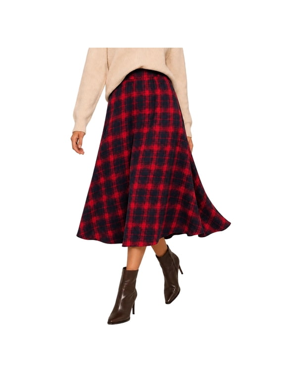 Womens Plaid A-Line Skirt High Waisted Elastic Waist Midi Skirt, Flowy Checkered Tartan Pattern Pull On, Casual Fall Winter Everyday Wear, Womens Clothing