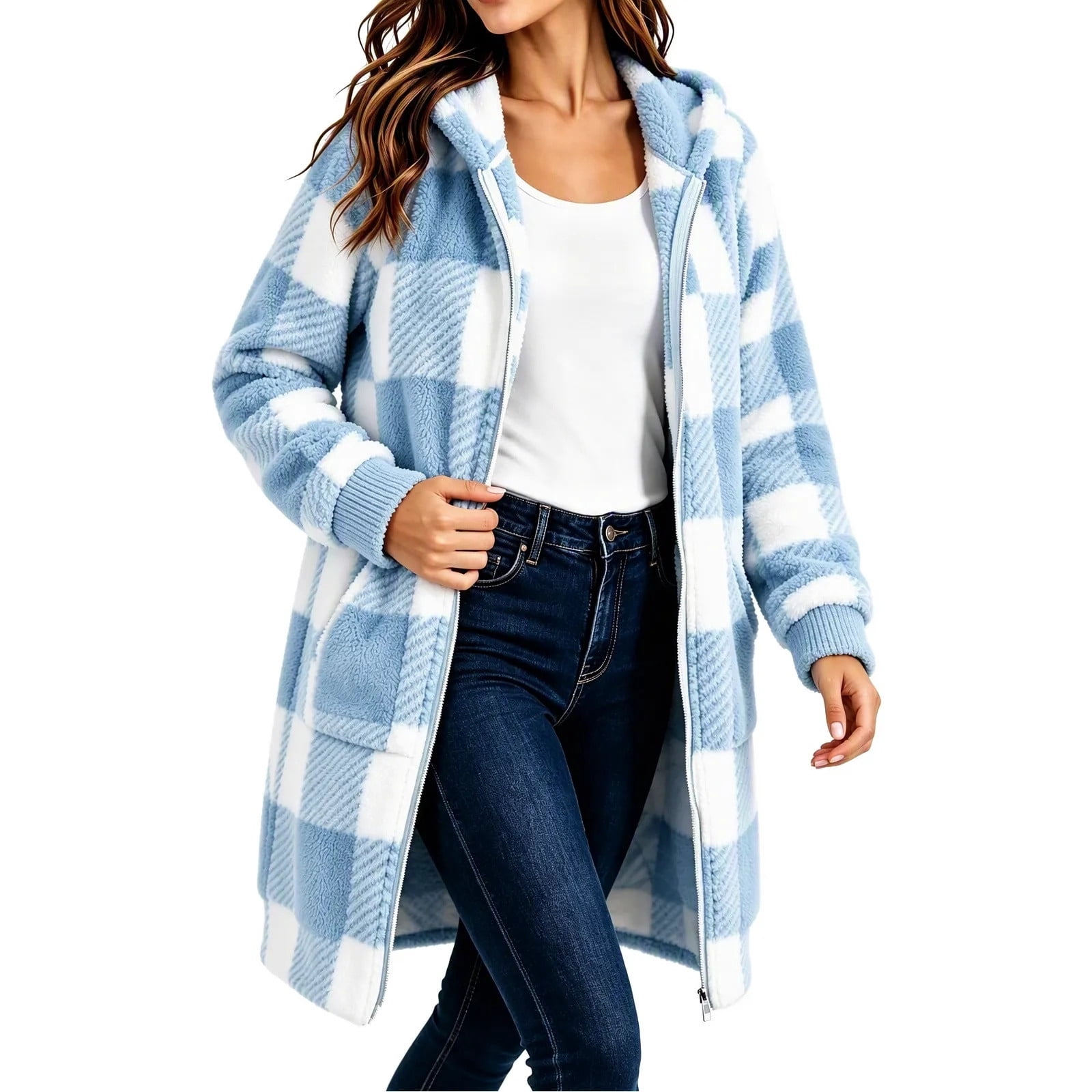 Qualvora Womens Plaid Fleece Hooded Jacket, Full Zip Fuzzy Cardigan ...