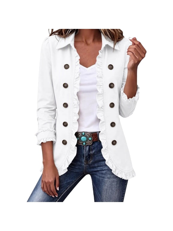 Womens Ruffle Jacket, Double Breasted Button Down Blazer with 3/4 Sleeve, Vintage Western Y2K Ruffle Trim Coat, Fall Winter Casual Layering Outerwear for Women