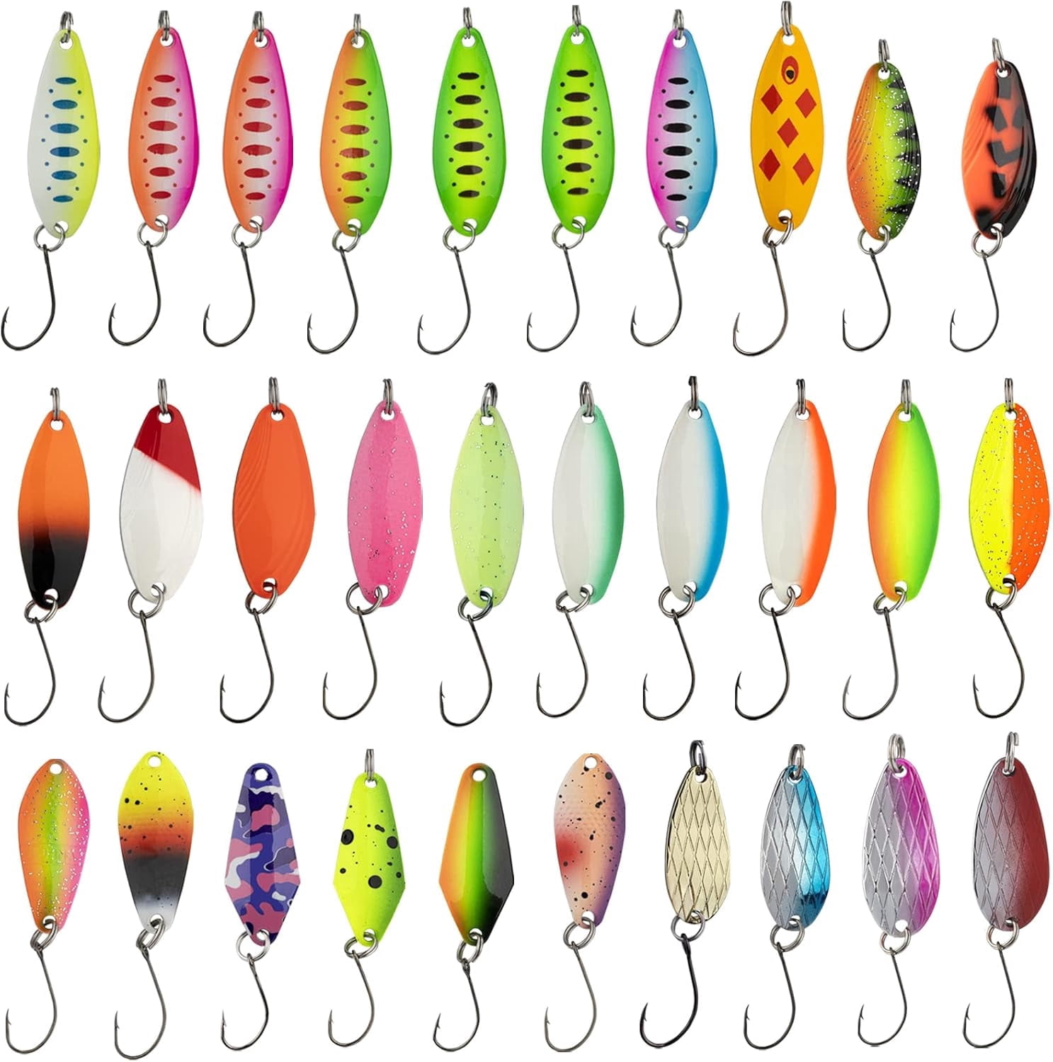 QualyQualy 30Pcs Fishing Lures Baits Tackle, Fishing Spoon Lure Spinnerbait Bass Walleye Trout Salmon Hard Metal Spinner Baits Kit