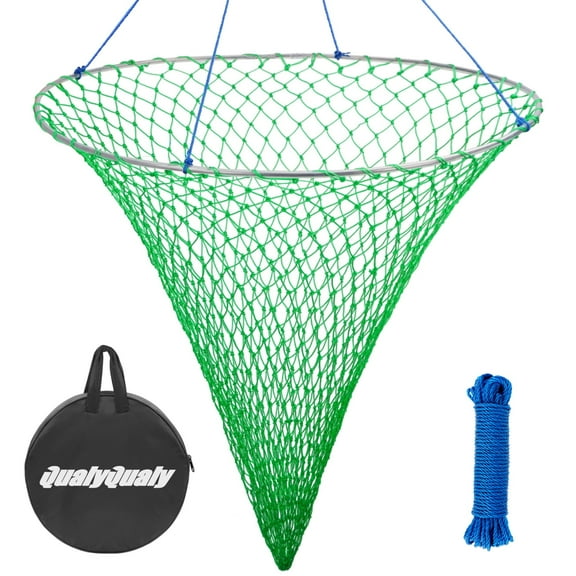 QualyQualy Bridge and Pier Fishing Net with Foldable Drop Net,Steel Hoop and Nylon Mesh,Green