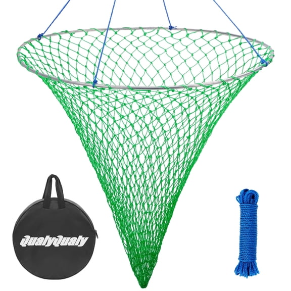 QualyQualy Bridge and Pier Fishing Net with Foldable Drop Net,Steel Hoop and Nylon Mesh,Green