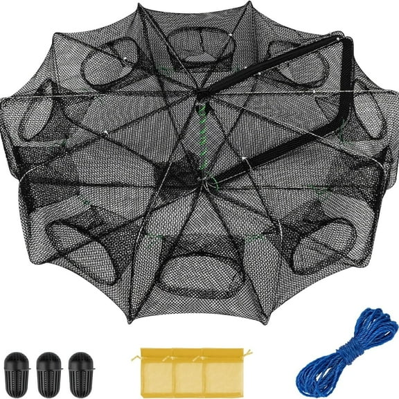 QualyQualy Fishing Bait Trap Crab Net Fishing Trap for Minnow/Crab/Shrimp/Crawdad with Rope, 10 Holes Large Space Fishing Net