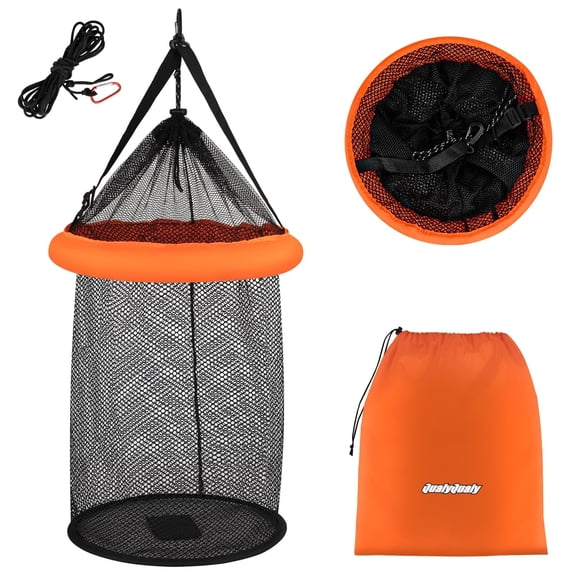 QualyQualy Floating Fish Basket for Live Caught, 10/15 Gallons Foldable Fishing Holder Minnow Bucket Portable Collapsible Fishing Net Storage Cage for Live Fish Bait Live Well