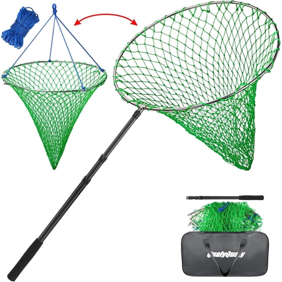 QualyQualy Foldable Pier Fishing Net 23" with Rust-Proof Stainless Steel Ring & Heavy-Duty Poly Mesh | Saltwater & Freshwater Landing Net for Kayak, Bridge Fishing Lightweight Durable Design