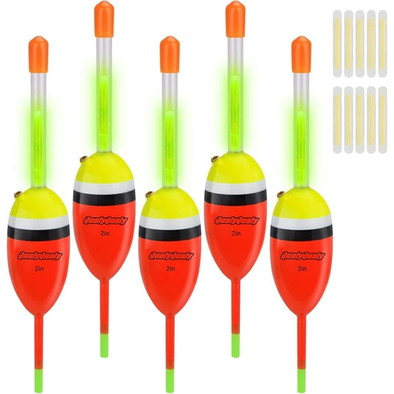 QualyQualy Lighted Fishing Slip Bobber 4-5Pcs Wood/EVA Fish Float + 8-10Pcs Glow Sticks, Night Fishing Light Up Slip Bobber for Crappie Bass Panfish Catfish Walleye