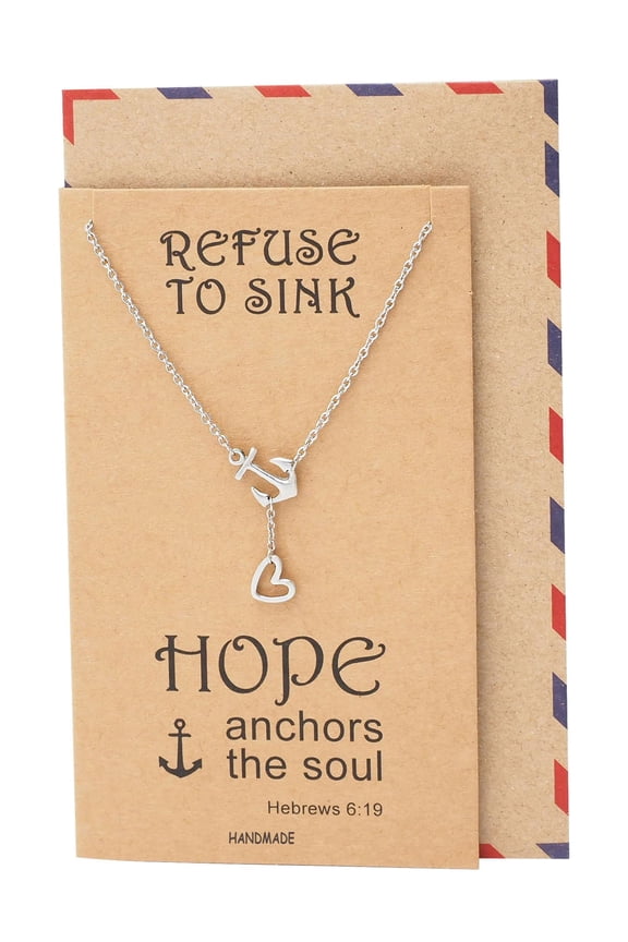 Anchor Necklace, Nautical, Silvertone, Inspirational Quotes on Greeting Card, 16-inch to 18-inch (Two Tone)