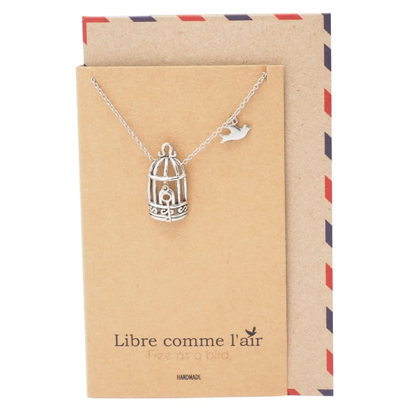 Quan Jewelry Bird Cage with Key and Bird Charms Necklace, Woman's Necklace, Gift for Women - Silver tone