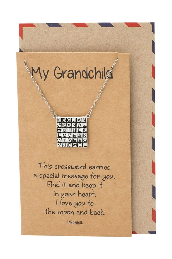 Crossword Pendant Necklace, Gifts for Granddaughter, My Grandchild Granddaughter Necklace with Inspirational Quote and Greeting Card