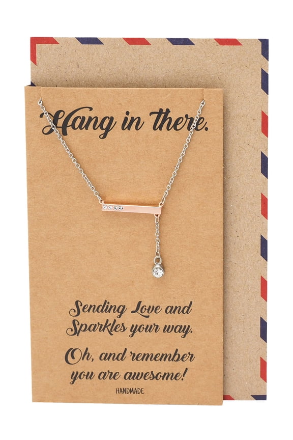 Crystal Hangs in Bar Pendant Necklace with Inspirational Quote on Greeting Card