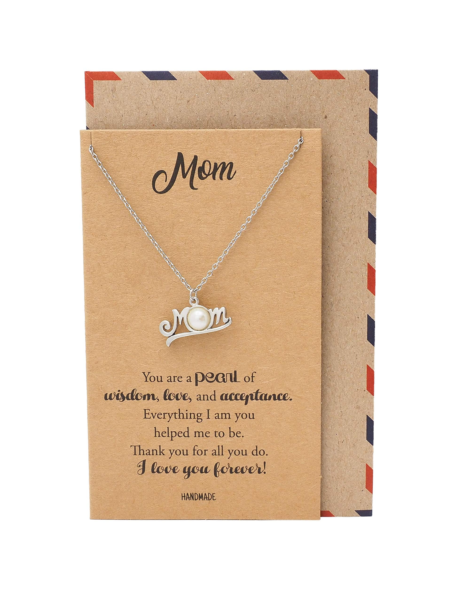 QUAN JEWELRY Cursive Mom with Pearl Pendant Necklace, Mother's Day Gifts, Inspirational Quote Card
