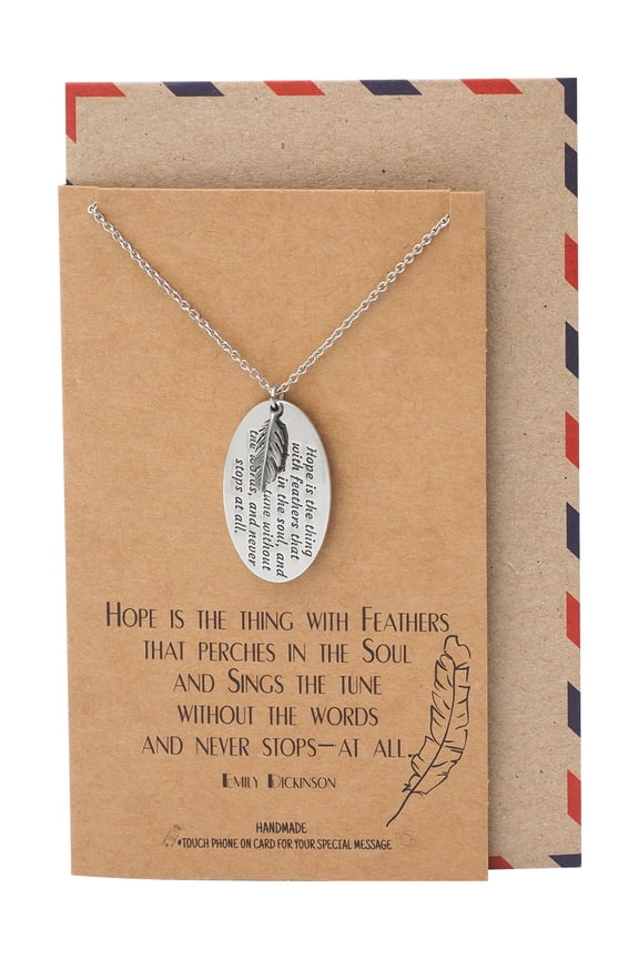 Feather and Engraved Oval Plate Pendants Necklace, Motivational Gifts for Her, Inspirational Jewelry for Women