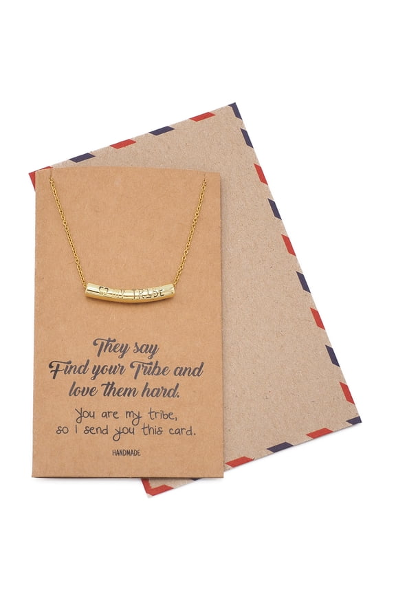 Heart My Tribe on Tube Pendant Necklace, Gifts for Women, Tribes Jewelry, Gifts for Her, with Inspirational Greeting Card (Gold)