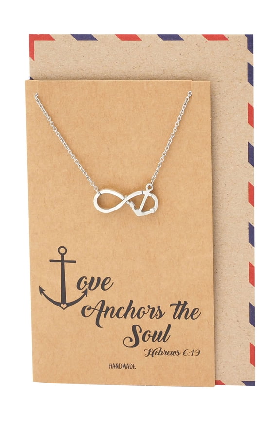 Infinity Necklace, Sailor Pendant with Mini Anchor Charm, Sea Anchor Inspirational Quote on Greeting Card