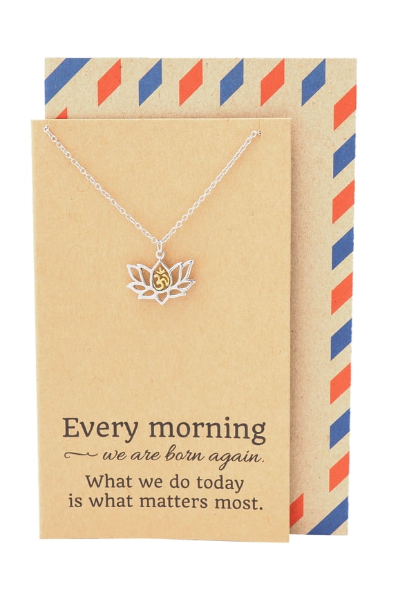 Lotus Flower Necklace with Om Symbol, Birthday gifts for women with Inspirational Quote on Greeting Card, 2-Tone