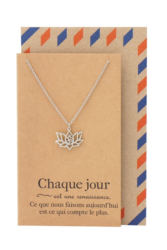 Lotus Necklace with Om Symbol, Lucky Flower Necklace, French Inspirational Quote on Greeting Card, Envelope