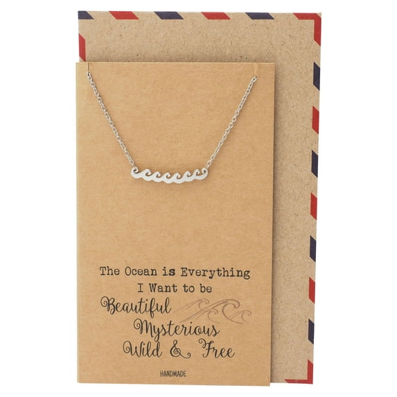 Quan Jewelry Ocean Waves Beach Necklace, Gifts for Surfer, Beach Lover Wanderlust Traveler Pendant Charm, Comes with Handmade Inspirational Quote, Gifts for Beach Goer, Silver Tone