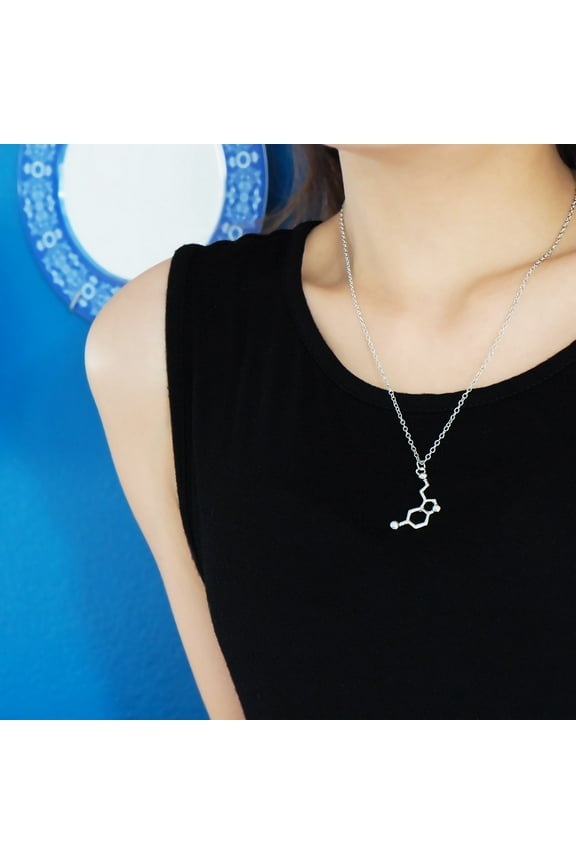 Serotonin DNA Necklace for Pursuit of Happiness and Satisfaction, Unique Birthday Gifts for Women, Nerdy Friends, Science Chemical Molecule Jewelry, Silver Tone