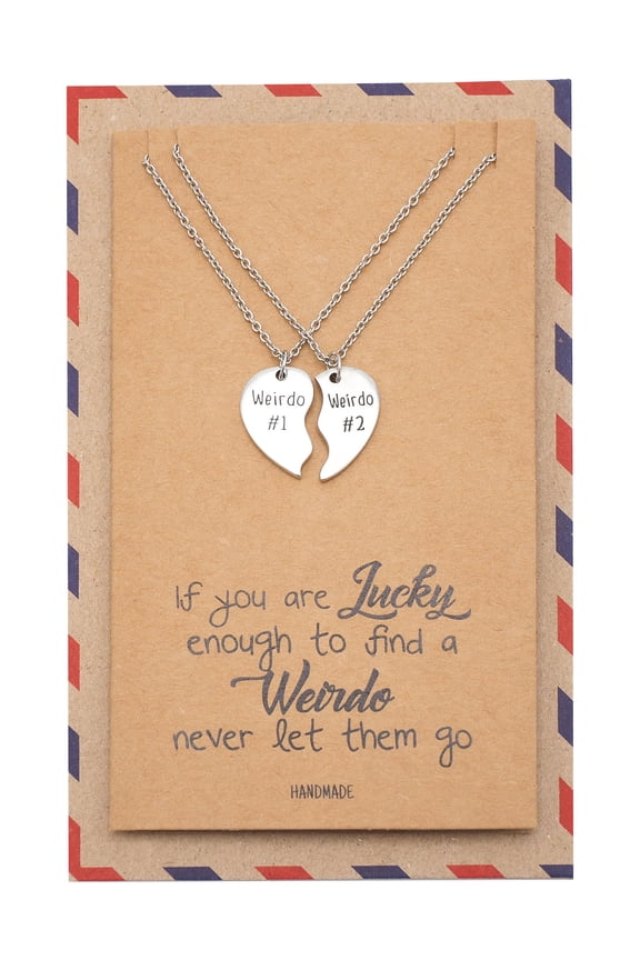 Sisters Necklace Half Hearts Pendant Set of 2 Necklaces with Weirdo #1 and Weirdo #2 Inscription, Relationship Goals, His and Hers Gifts with Greeting Card