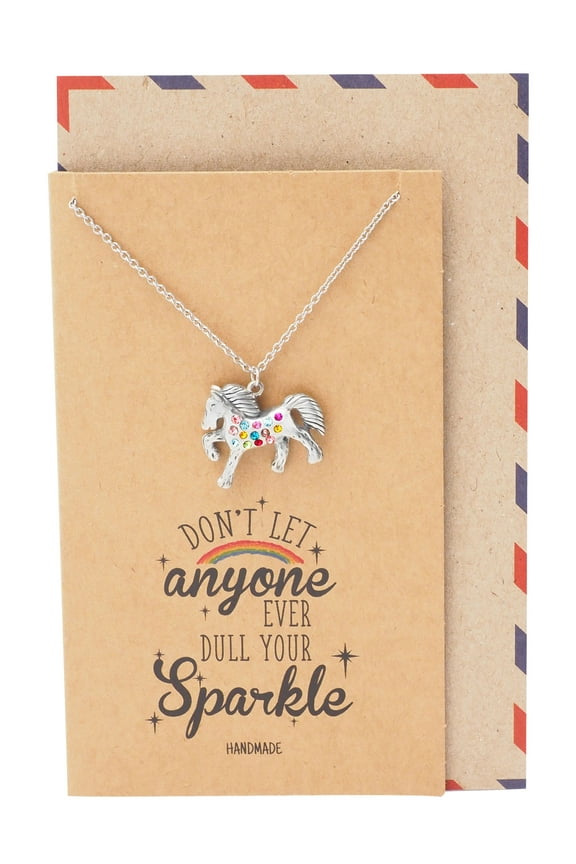 Sparkle Rainbow Swarovski Horse Pendant Friendship Necklace, Gifts for Horse Lovers, with Inspirational Quote Greeting Card, Silver Tone