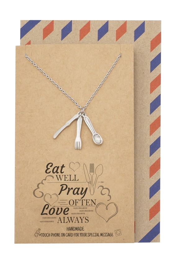 Spoon Fork Knife Pendant Necklace for Women, Foodie Best Friend Birthday - Silver tone