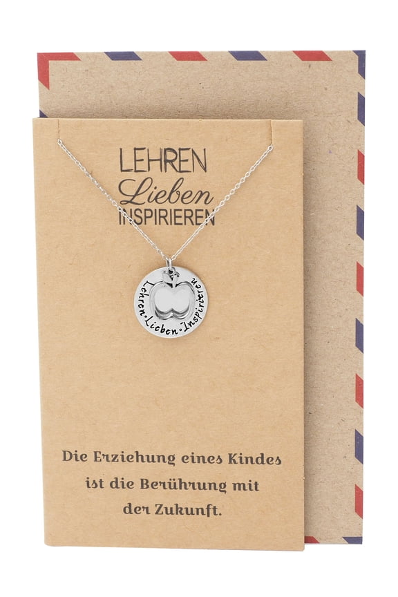 Teacher Gifts, Apple Jewelry with Teach, Love, Inspire Gift and German Greeting Card, Silver Tone
