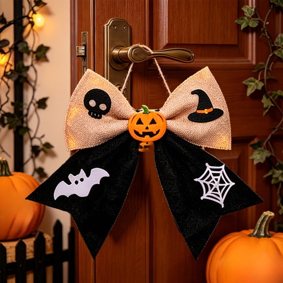QuanTara 13.8in Halloween Fuzzy Door Bow – Pumpkin Bat Skull Decor