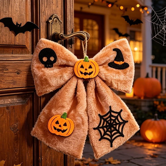QuanTara 13.8in Halloween Fuzzy Door Bow – Pumpkin Bat Skull Decor