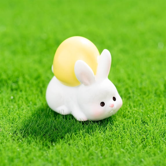 QuanTara 2 Piece Mini Easter Figurines Set, 1.02x0.87in White Resin Rabbit Egg Ornaments, Cartoon Desktop Car Decor, Micro Landscape Decoration