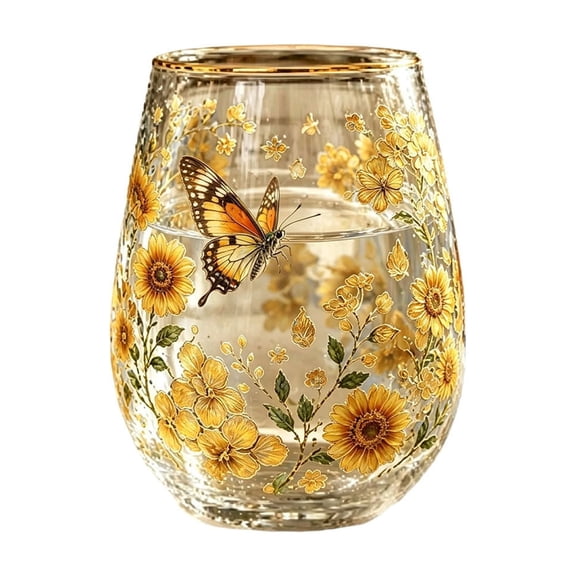 QuanTara 2026 Limited Edition Sunflower & Bird Glass Tea Cup, 14oz Gold Rim Crystal Mug, Hand-Painted Floral Drinking Glass for Coffee, Morning Bliss Gift for Her