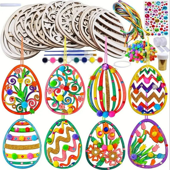 QuanTara 24PCS Unfinished Wood Slices Easter Crafts Kit, DIY Wooden Hanging Ornaments with Ropes & 12 Color Pens for Kids Easter Decorations, 11.8x5.9 in