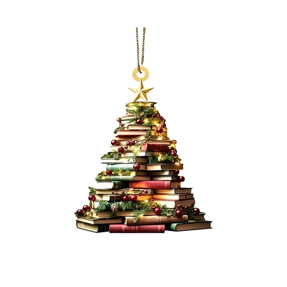 QuanTara 3.15" Book Stack Christmas Ornament, Vintage Book Tree Hanging Pendant with Gold Ribbon, Flat Shatterproof Holiday Decoration for Car Rearview Mirror, Xmas Tree & Home Decor