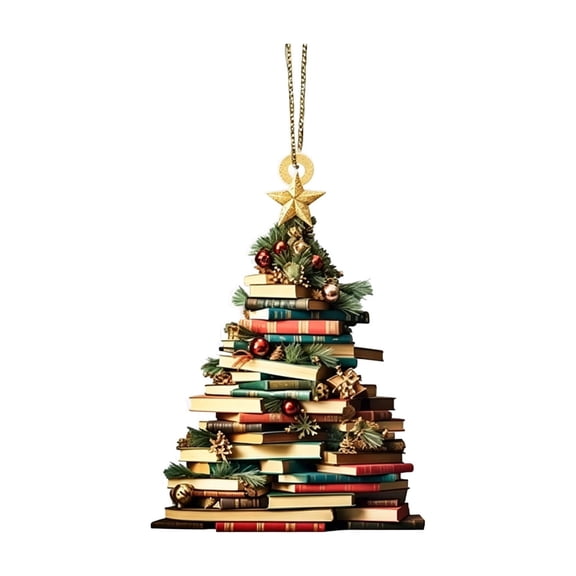 QuanTara 3.15" Book Stack Christmas Ornament, Vintage Book Tree Hanging Pendant with Gold Ribbon, Flat Shatterproof Holiday Decoration for Car Rearview Mirror, Xmas Tree & Home Decor